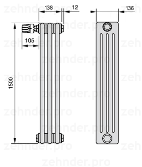 Схема (чертеж) Радиатор Zehnder Charleston 4150/3 №V012 Белый глянцевый RAL 9016